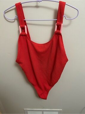 aerie Coral Ribbed One-Piece Swimsuit with Pink Accents